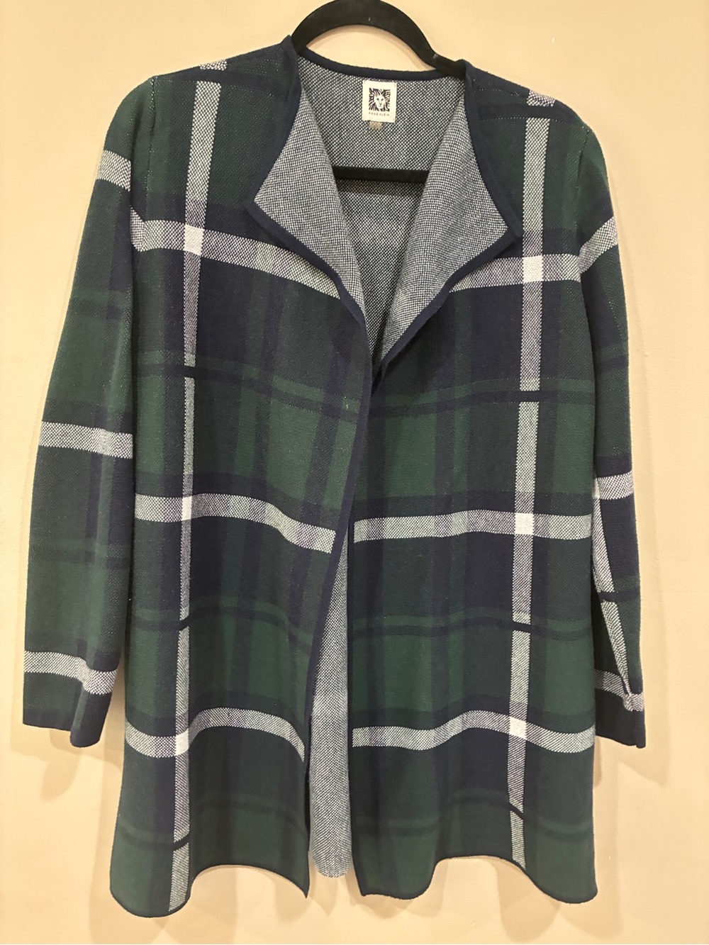 Anne Klein Green & Navy Plaid Open-Front long line cardigan